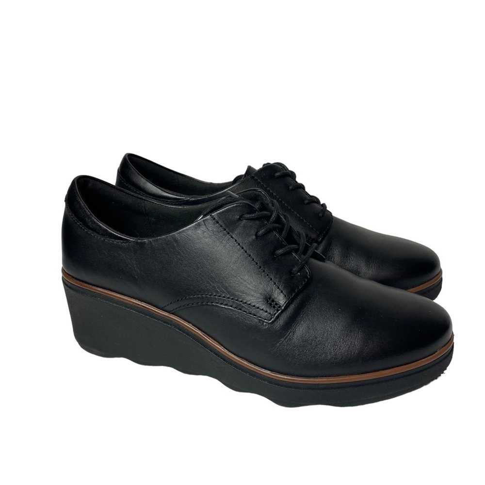 Clarks Women's Sharon Noel Oxford black leather platform wedge lace up Size 9 M - Picture 5 of 8